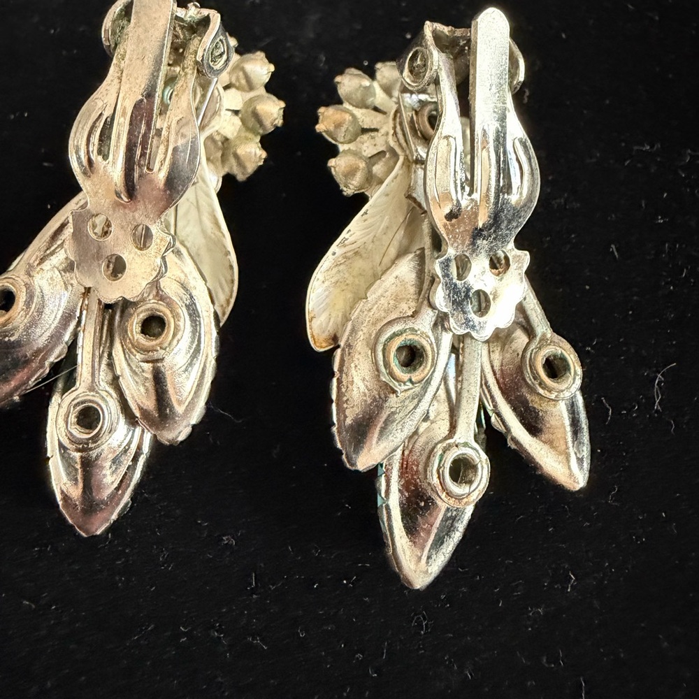 Vintage MCM Enamel Earrings Green Rhinestone Clip On Floral Cascade - Picture 4 of 5